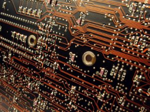 Close-up of PCB copper traces and pads