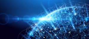 Blue digital globe with connected network nodes