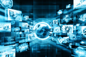 Global digital network with floating technology screens
