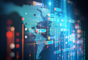 Global blockchain network visualization with data nodes