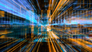 Abstract blue and orange light streaks converging