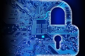 Cybersecurity lock on blue circuit board