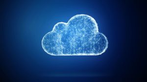 Glowing digital cloud network on blue background